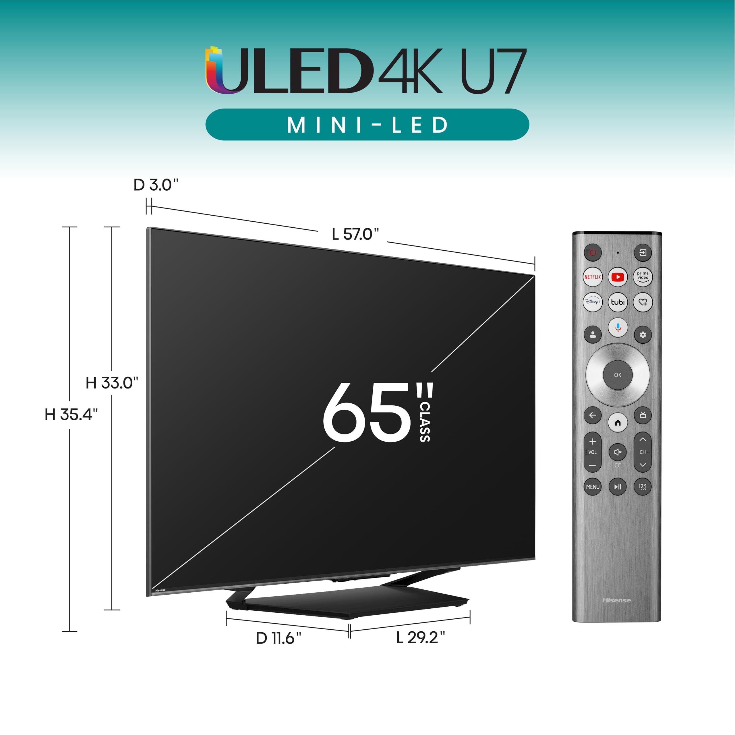 Hisense 65 polegadas Classe U7 Series Mini-LED ULED 4K UHD Google